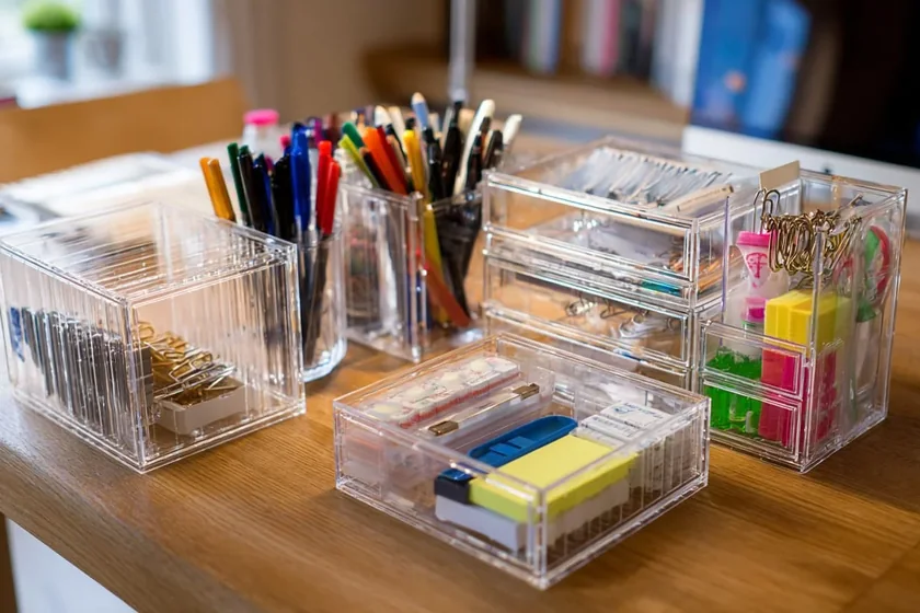 Clear acrylic organizer trays holding colored pencils and markers on a light wooden desk