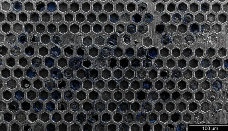 Microscopic view of anilox roller cells for flexo printing