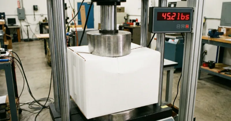 Professional compression test of an E-flute corrugated mailer showing 45 lbs resistance.