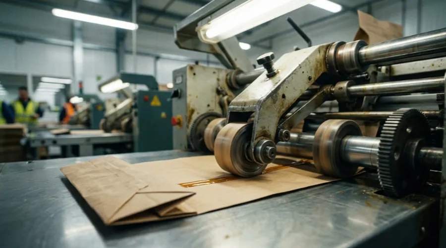 Real-time production of SOS bag bottom gusset on factory floor.