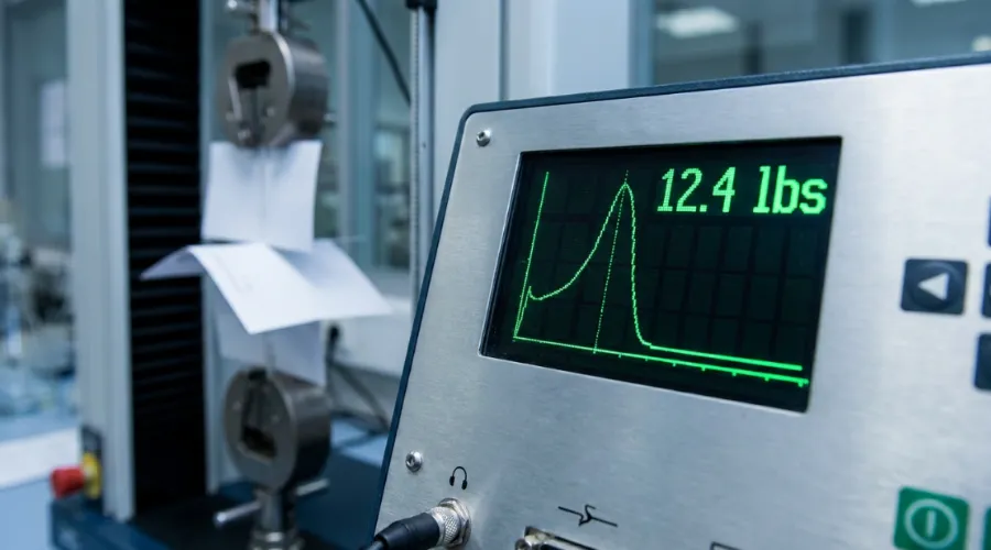 Tensile strength test data for 100 GSM virgin kraft paper.
