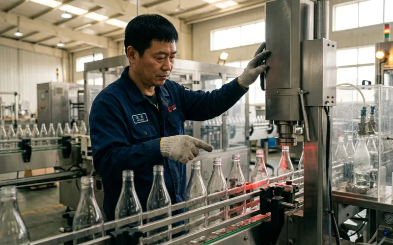 A technician adjusting the capping machine at the leak-test station
