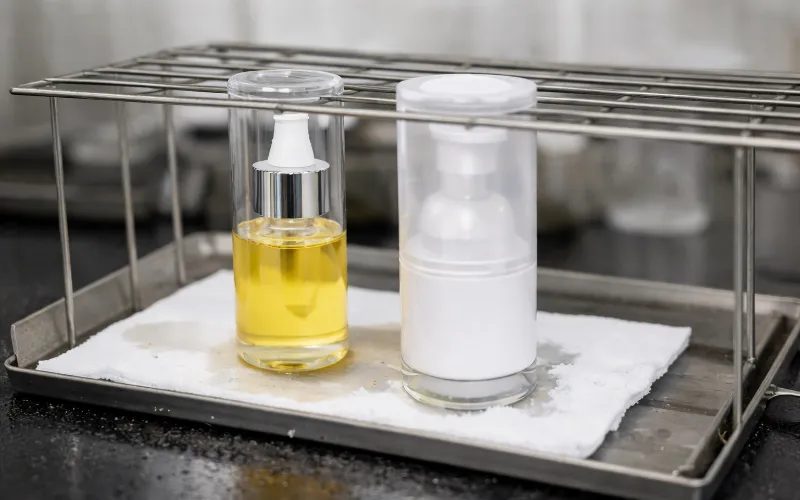 A technician holding a jar at the vacuum leak-test chamber