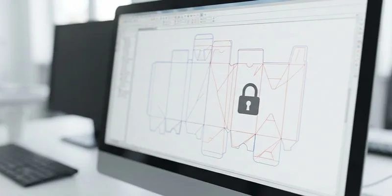 A vape carton dieline displayed on a monitor with a padlock icon marking the frozen structure