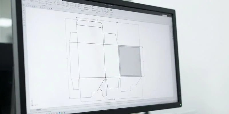 A folding carton dieline on a monitor with the warning block shaded gray