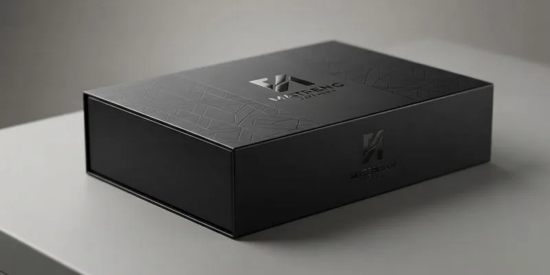 A matte black rigid gift box with an embossed logo and geometric pattern