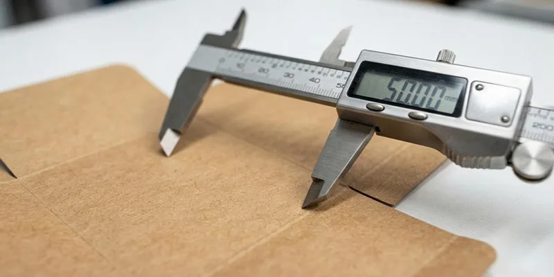 A digital caliper measuring the panel of a kraft carton on a workbench
