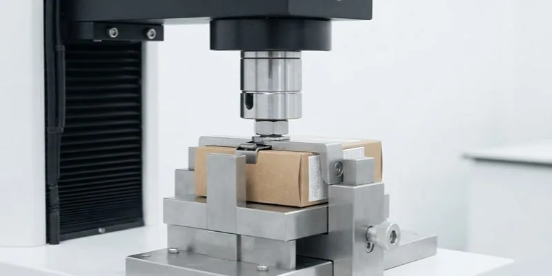 A lab press testing machine pushing down on a small kraft carton