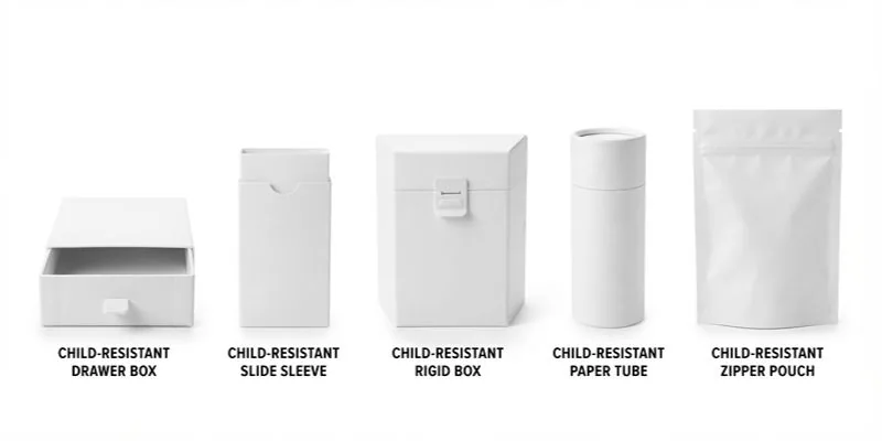 Five white child-resistant structures in a row: drawer box, slide sleeve, rigid box, paper tube, and zipper pouch