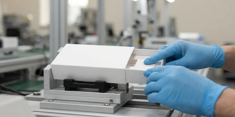 Gloved hands assembling a white child-resistant drawer box on a production machine