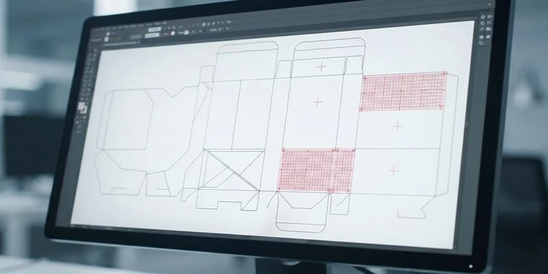 A monitor showing a vape carton dieline with red warning-panel zones highlighted in artwork software