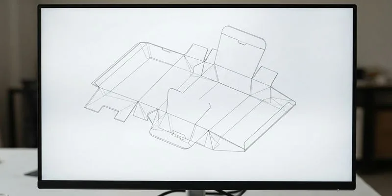 A 3D vape carton dieline rotating on a monitor before board is cut