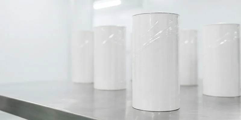White paper tube packs wrapped in shrink film on a stainless steel bench