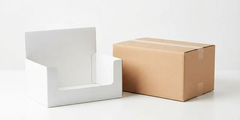 An open white tuck-end carton beside a brown corrugated shipping box