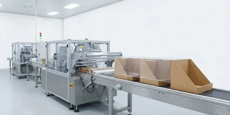 A packaging line with folded cartons moving along a conveyor