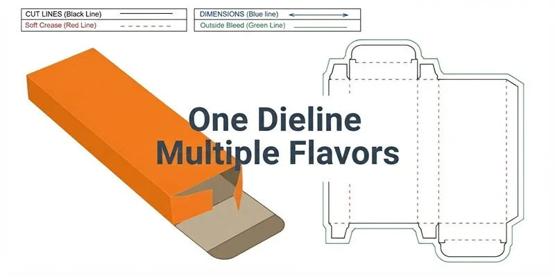 A dieline drawing beside an orange vape carton under the title One Dieline Multiple Flavors