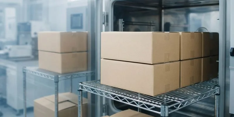Kraft cartons stacked on a wire rack inside a glass-door accelerated-aging chamber