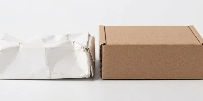 A crushed white retail carton beside an intact kraft corrugated shipping box