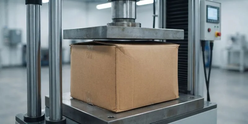 A compression test machine pressing down on a corrugated shipping box