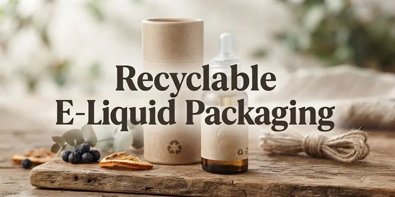 A kraft paper tube and an e-liquid dropper bottle on a wooden table under the title Recyclable E-Liquid Packaging