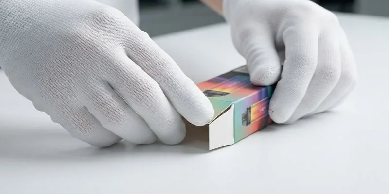 Gloved hands folding a printed vape carton along its score line