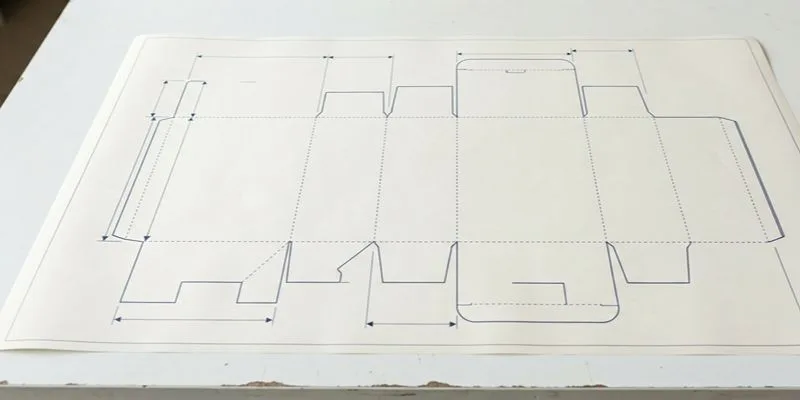 A flat printed dieline sheet on a table showing the panel layout for a vape carton