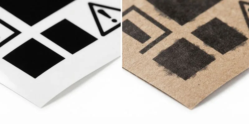 Black printed blocks on gloss white board beside the same blocks on kraft board