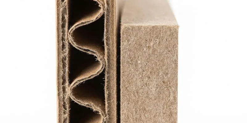 A cutaway cross-section of corrugated board beside a solid paperboard block