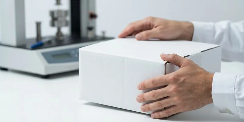 Gloved hands holding a white carton beside a lab test instrument