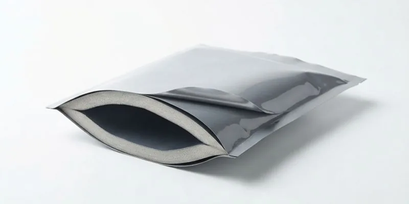 A silver metallized barrier foil pouch on a plain white background