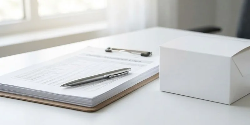 A white folded carton beside a clipboard checklist and pen on a desk by a window