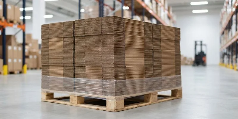 A pallet of flat-packed corrugated boxes wrapped in stretch film in a warehouse
