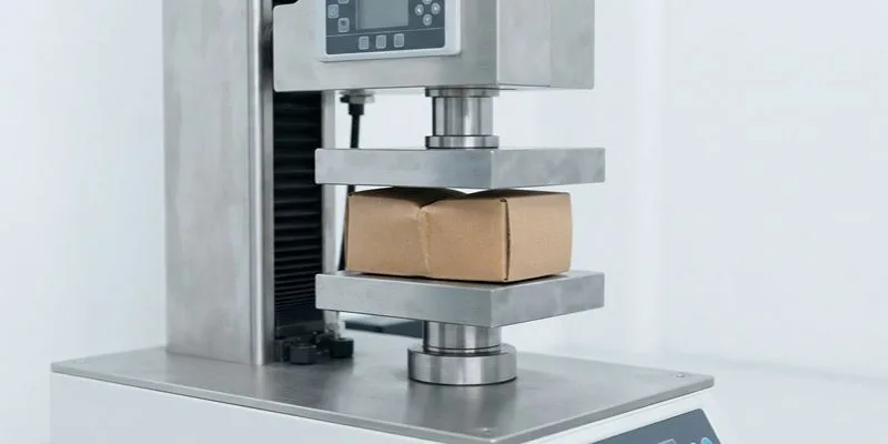 A compression tester pressing a kraft carton on a stainless steel platform