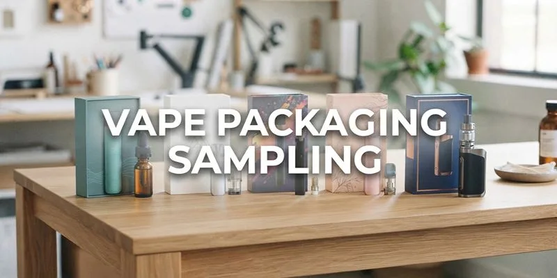 Five printed vape packaging samples and bottles lined up on a wooden table under the title Vape Packaging Sampling