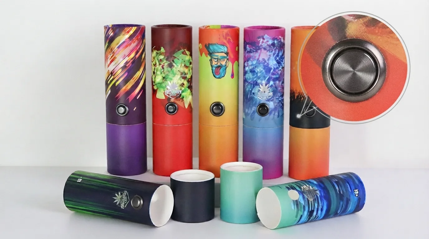A row of printed child-resistant tube boxes, each with a round push button, one tipped open beside a magnified view of its button