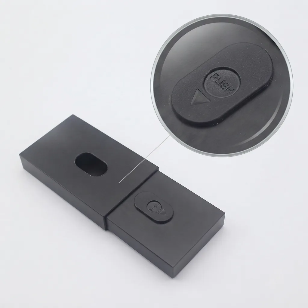 A closed black push-button drawer box with a recessed oval finger hole, beside a magnified view of its embossed PUSH button