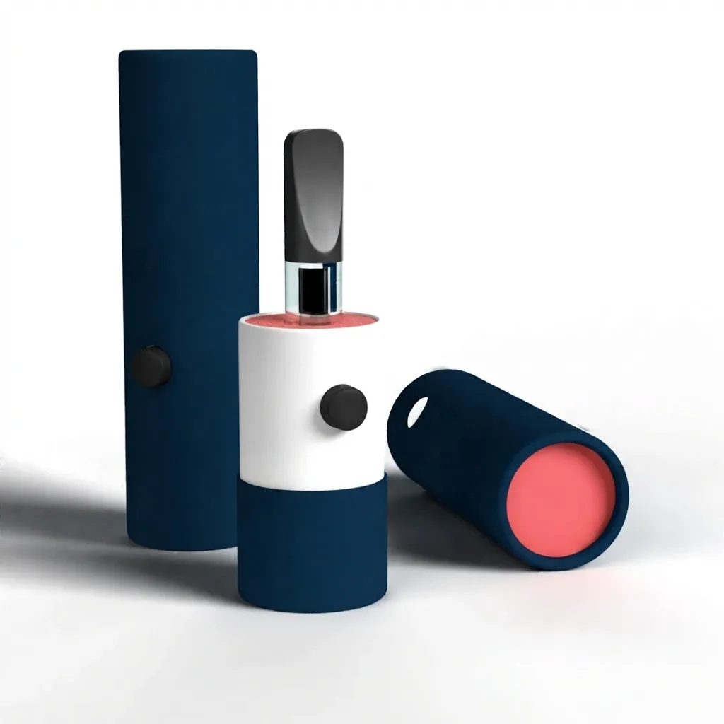 Three navy side-button tubes, one open on its side with the cap beside it and the round side button showing
