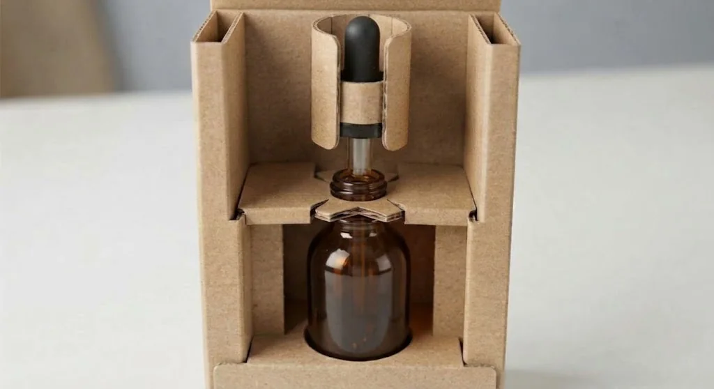 An amber glass dropper bottle held by a die-cut neck card inside its kraft carton