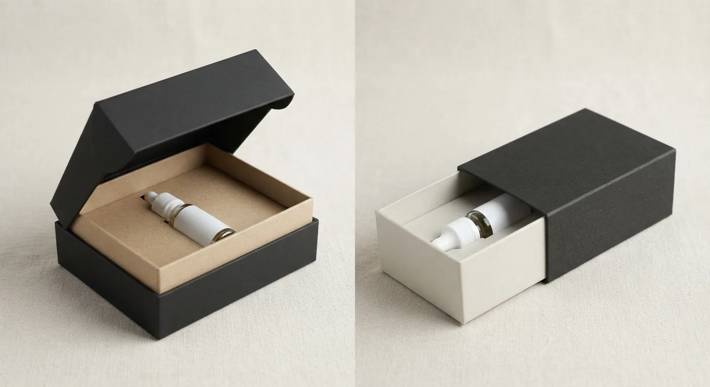 A lid-and-base and a tray-and-sleeve, both half opened