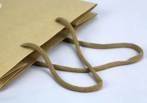 A macramé rope handle knotted through the punched hole of a paper bag