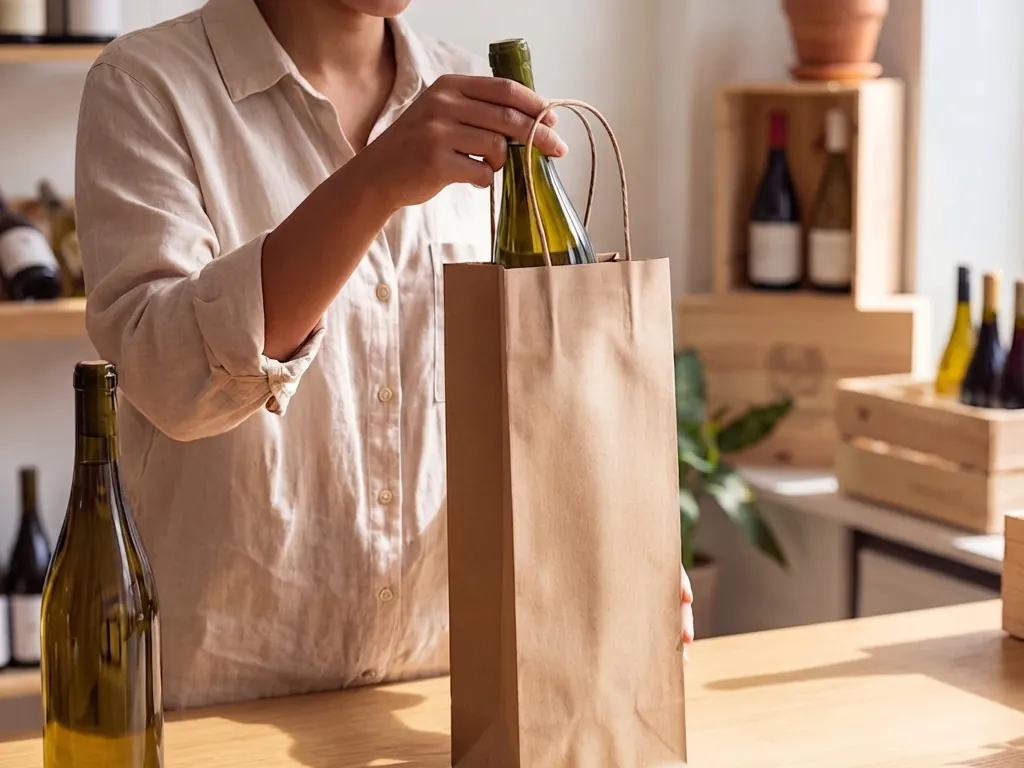 A woman placing a wine bottle into a kraft paper bag at a shop counter