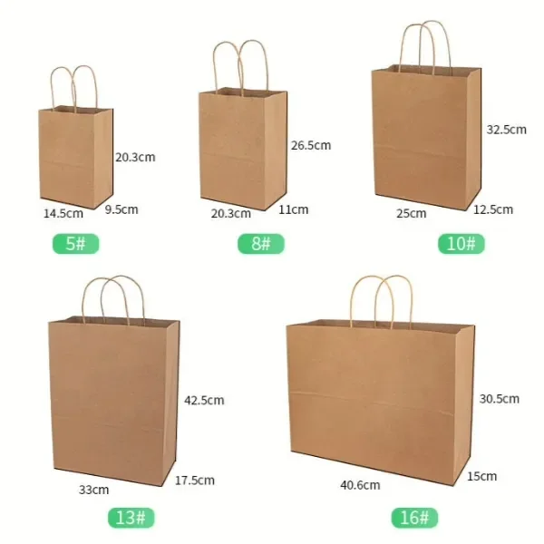A size chart showing five paper bag codes with their width, height and gusset dimensions in centimetres