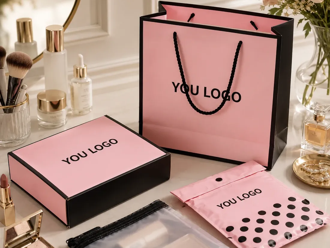 Pink and black printed gift bags arranged with cosmetics and a mirror