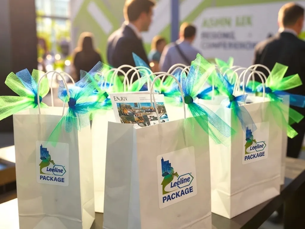 White printed bags with green ribbon handles held by staff at an event