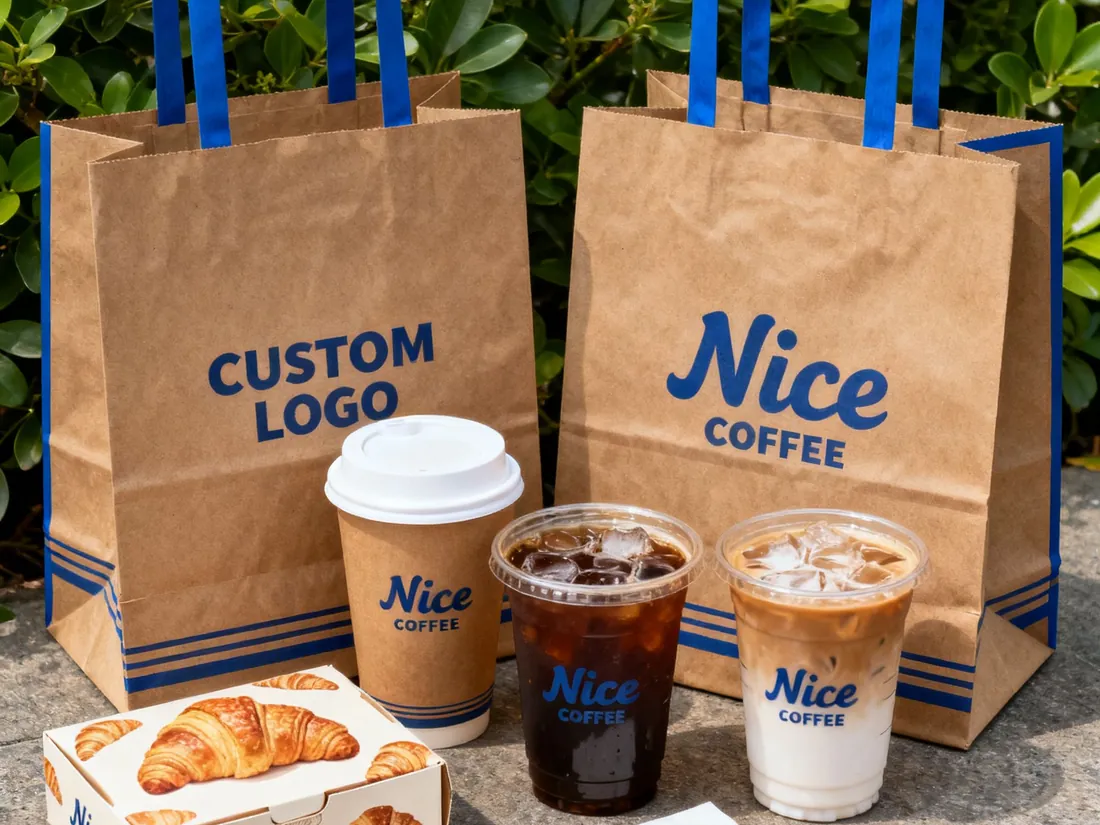 Two printed kraft carrier bags on a counter beside takeaway coffee cups and pastries