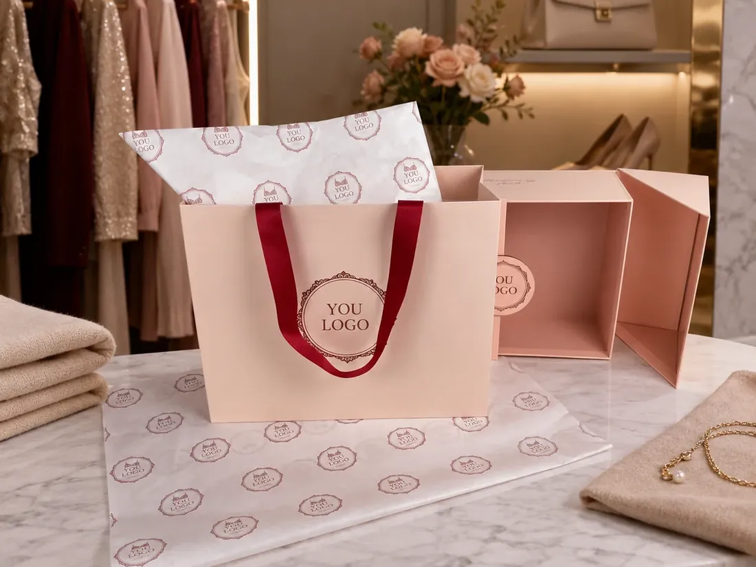 A pink printed carrier bag on a marble tray beside folded tissue paper