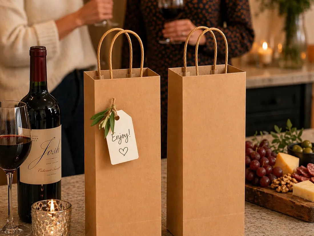Two kraft bottle bags standing beside wine glasses and a bottle