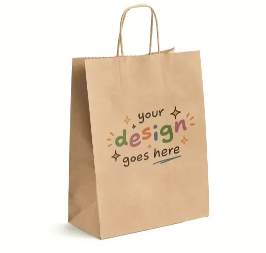 A kraft bag printed with a colourful illustrative design and the words your design goes here