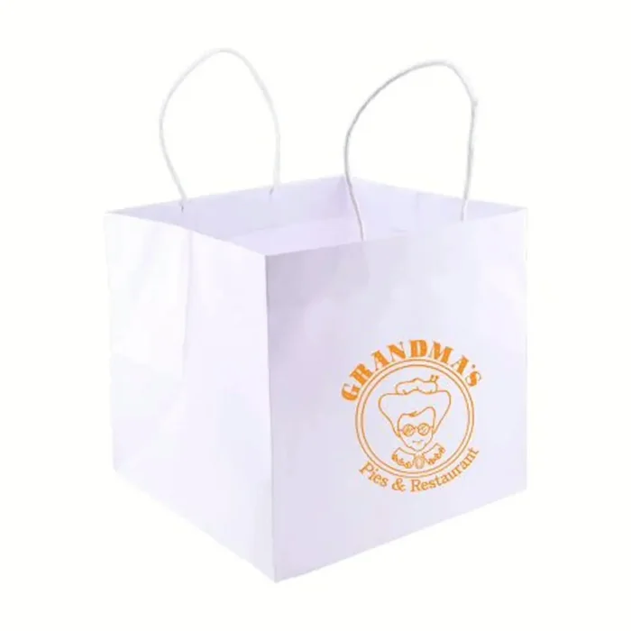A white paper bag with deep side gussets printed with a burger restaurant logo