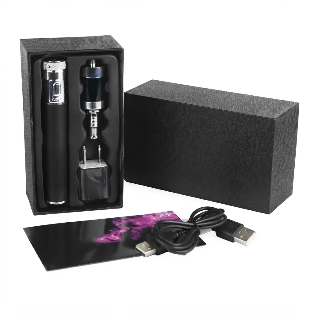 A vape pen mod kit in its rigid box, with a spare tank, a charger and a cable